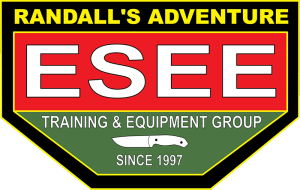 ESEE Knives logo. It says Randall's Adventure at the top, followed by ESEE Training & Equipment Group, followed by an outline of a knife, followed by “Since 1997”.