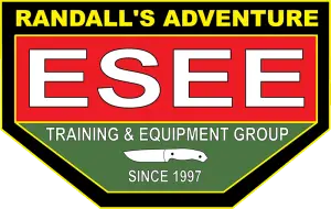 ESEE Knives logo. It says Randall's Adventure at the top, followed by ESEE Training & Equipment Group, followed by an outline of a knife, followed by “Since 1997”.